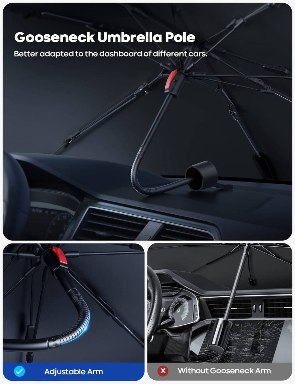 Foldable windshield sunshade umbrella with goose-neck pole and adjustable arm