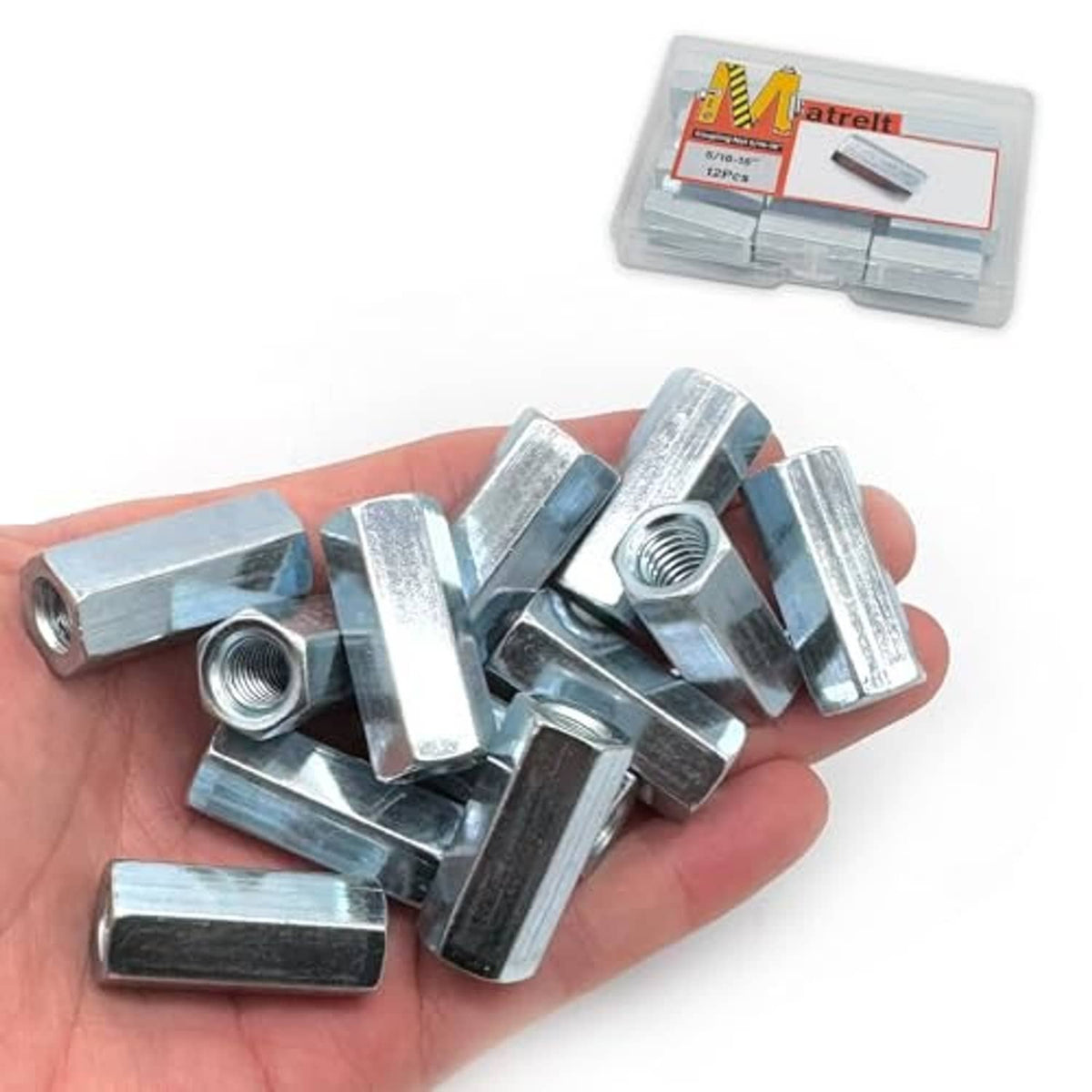 Silver 5/16-18 hex coupling nuts with internal threads, multiple nuts in hand