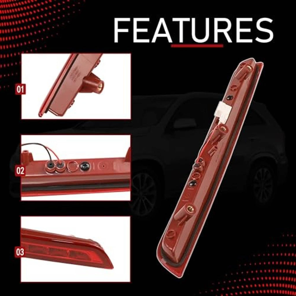 Third brake light assembly with red lens, connector visible with close-up details.