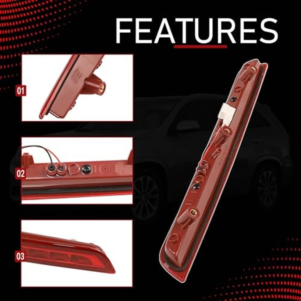 Third brake light assembly with red lens, connector visible with close-up details.