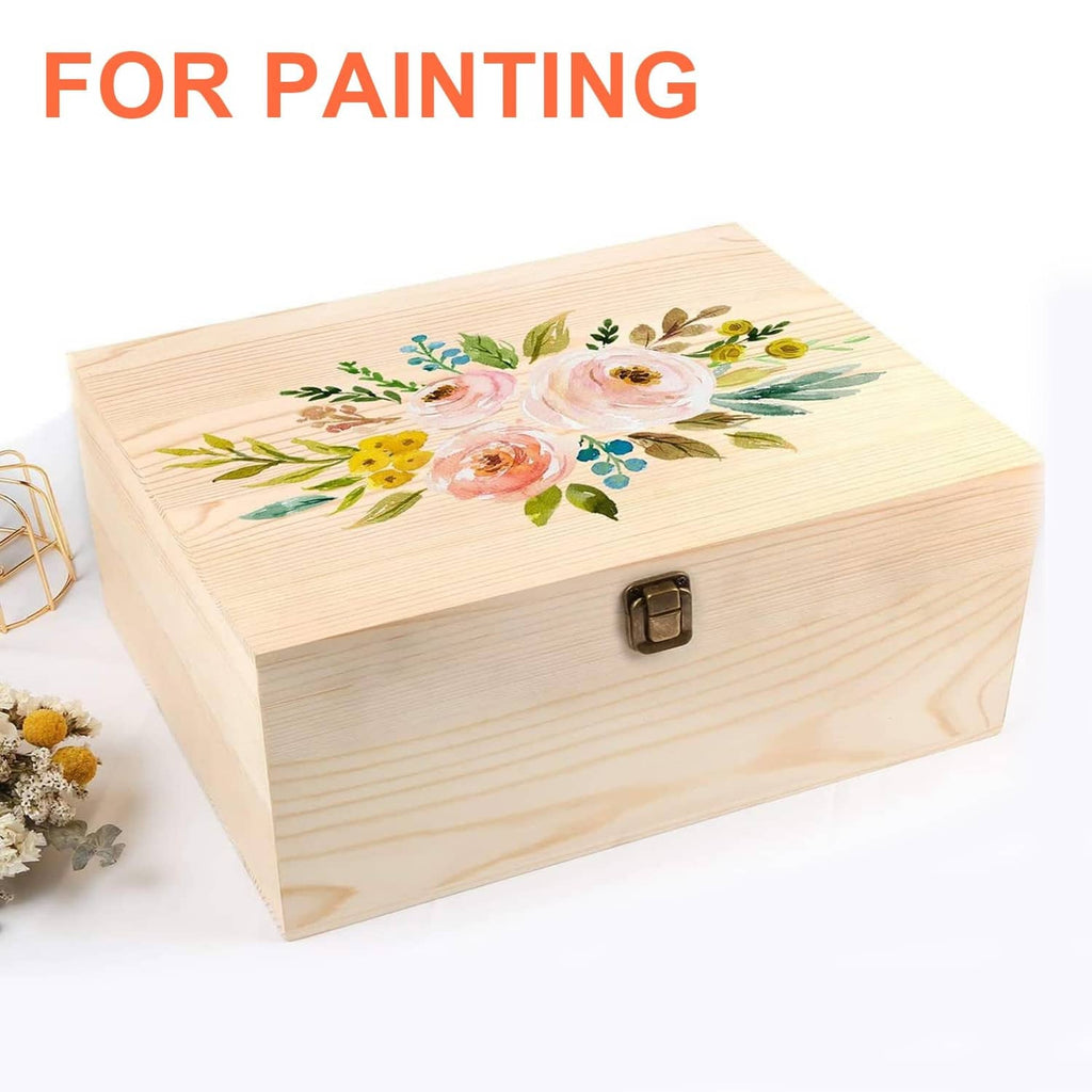 Unfinished wooden box with hinged lid and metal clasp, floral painted design on top.