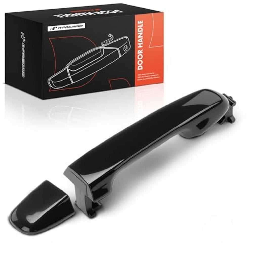 Black front exterior door handle with smooth finish, shown with retail package