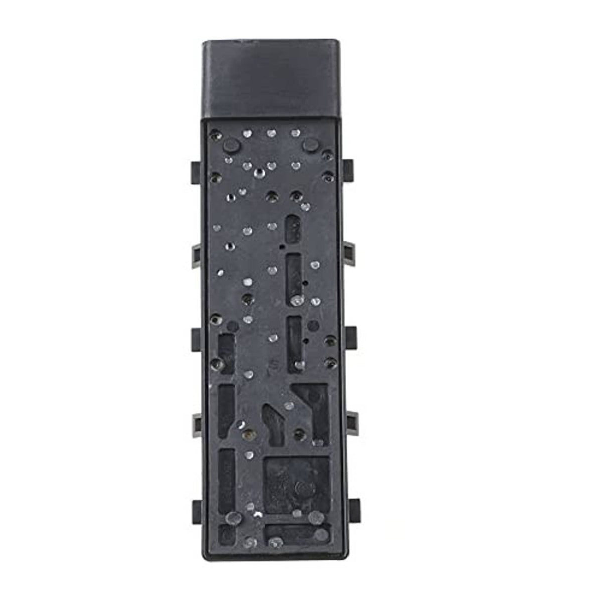 Car power seat control switch back view, dark panel with mounting clips and contacts