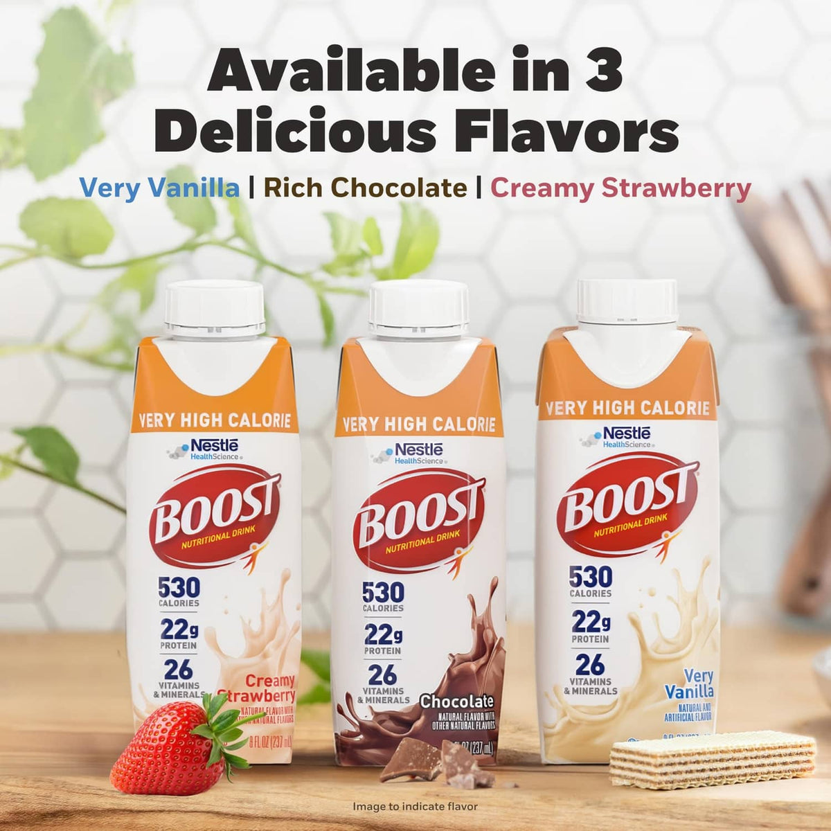 Three BOOST drink cartons labeled: Creamy Strawberry, Very Vanilla, Rich Chocolate