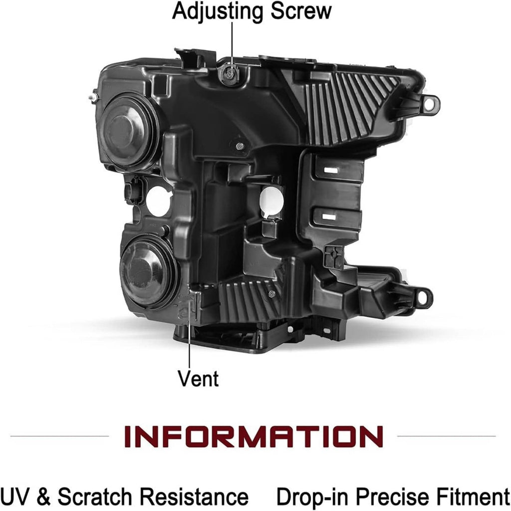 Black headlight adjuster housing with vent and adjusting screw detail