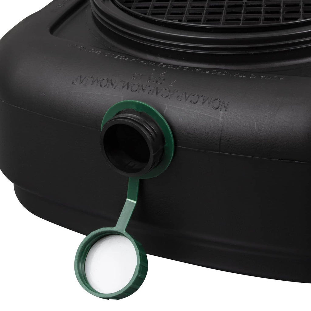 Black oil drain pan spout with green cap and attached drain ring