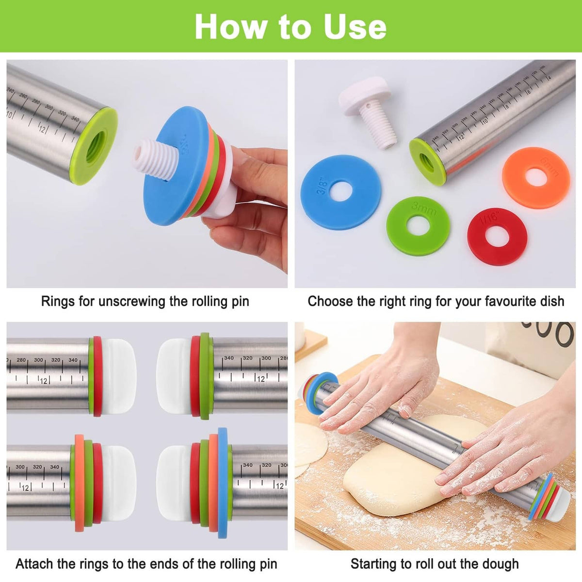 Rolling pin with thickness rings being attached and used to roll dough