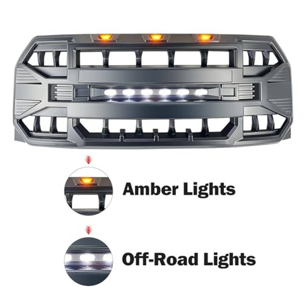 Front grille replacement featuring LED light strips with amber bulbs, matte black finish