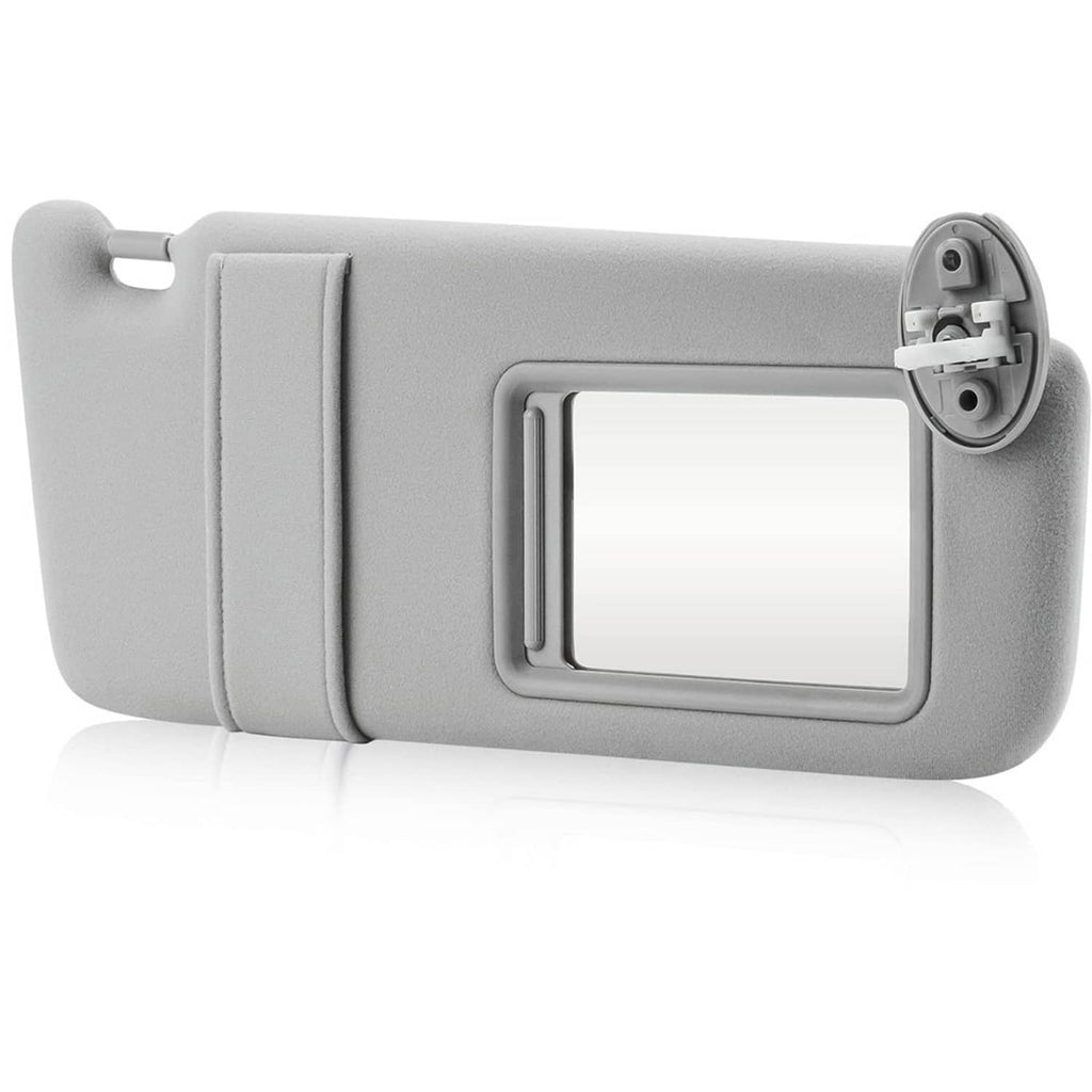Gray sun visor with vanity mirror and mounting bracket, isolated product view