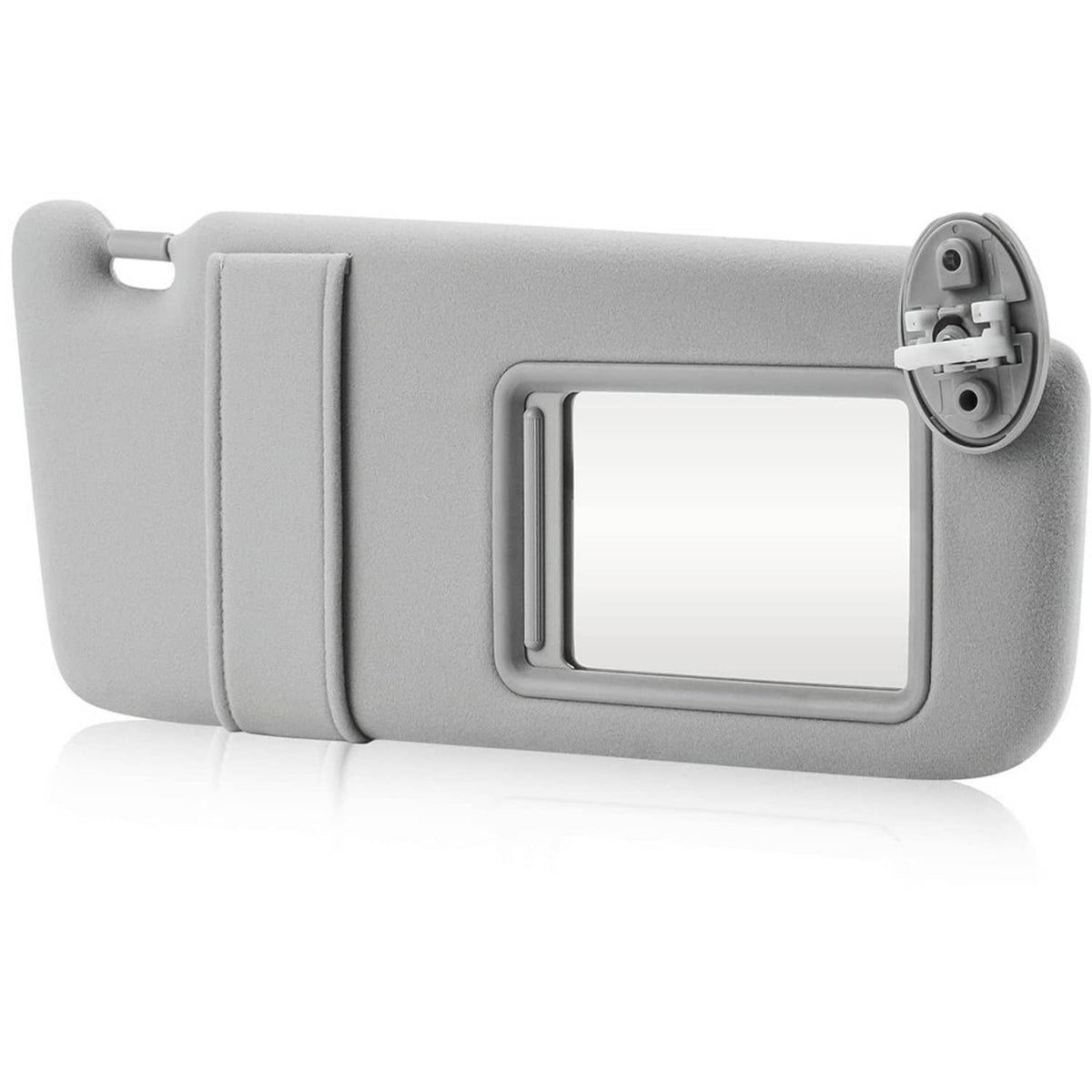 Gray sun visor with vanity mirror and mounting bracket, isolated product view