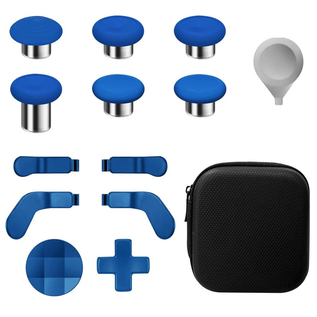 Blue metal thumbstick caps set, includes replacement sticks and gray removal tool