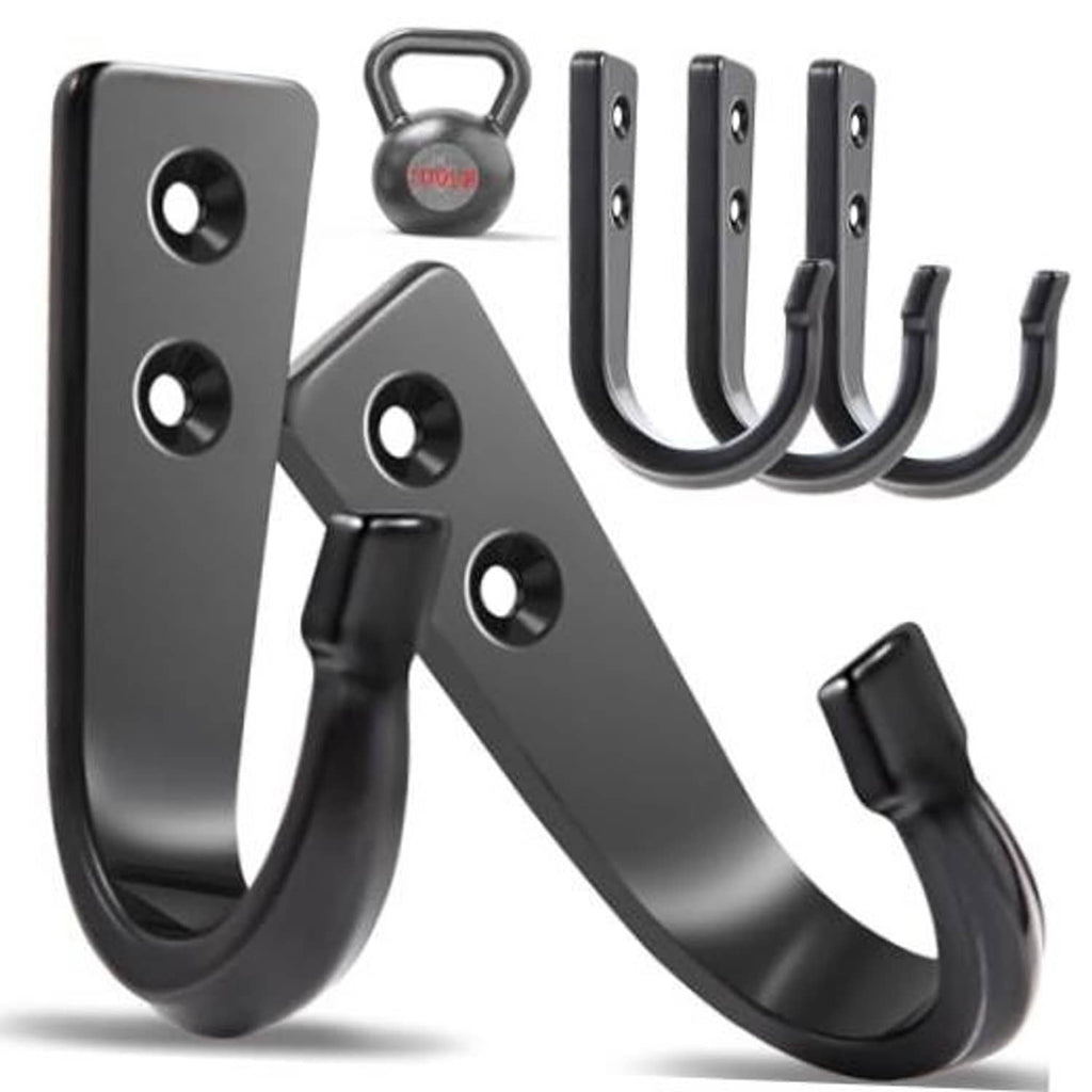 Black heavy-duty wall coat hooks, five U-shaped hangers with screw holes