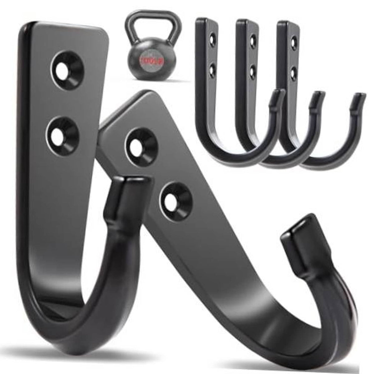 Black heavy-duty wall coat hooks, five U-shaped hangers with screw holes