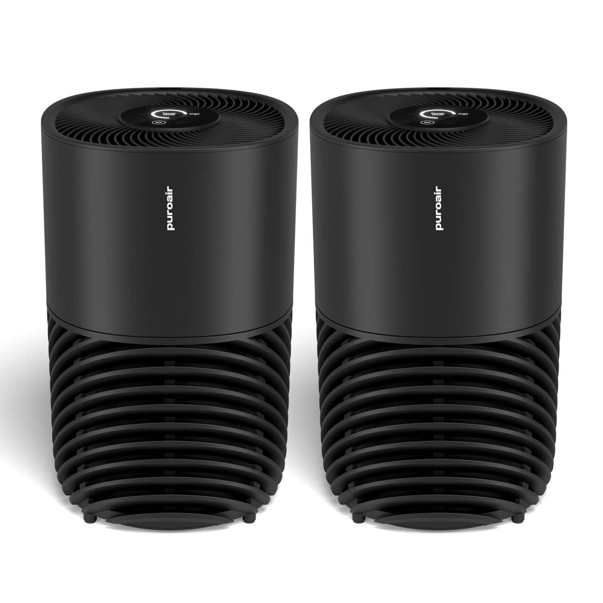 Two black air purifiers, stacked vented cylinders with top fan grille