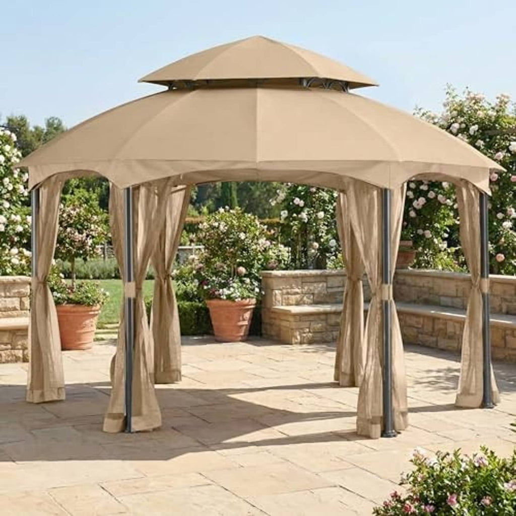 Beige canopy top replacement with hanging netting panels for outdoor frame shelters