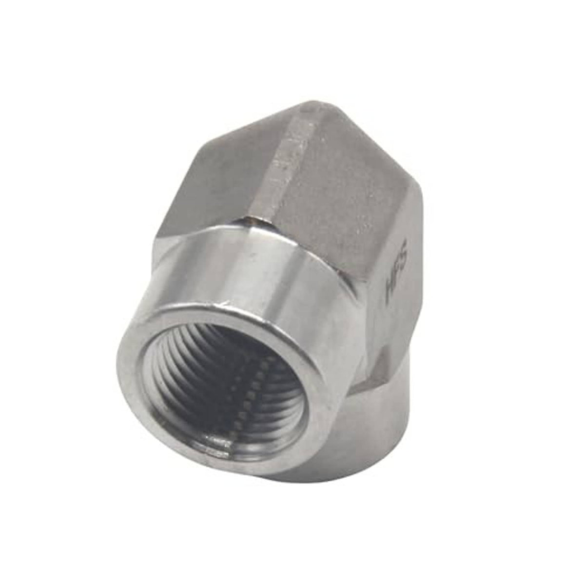 Stainless steel 90-degree elbow fitting with internal NPT threads visible at one port