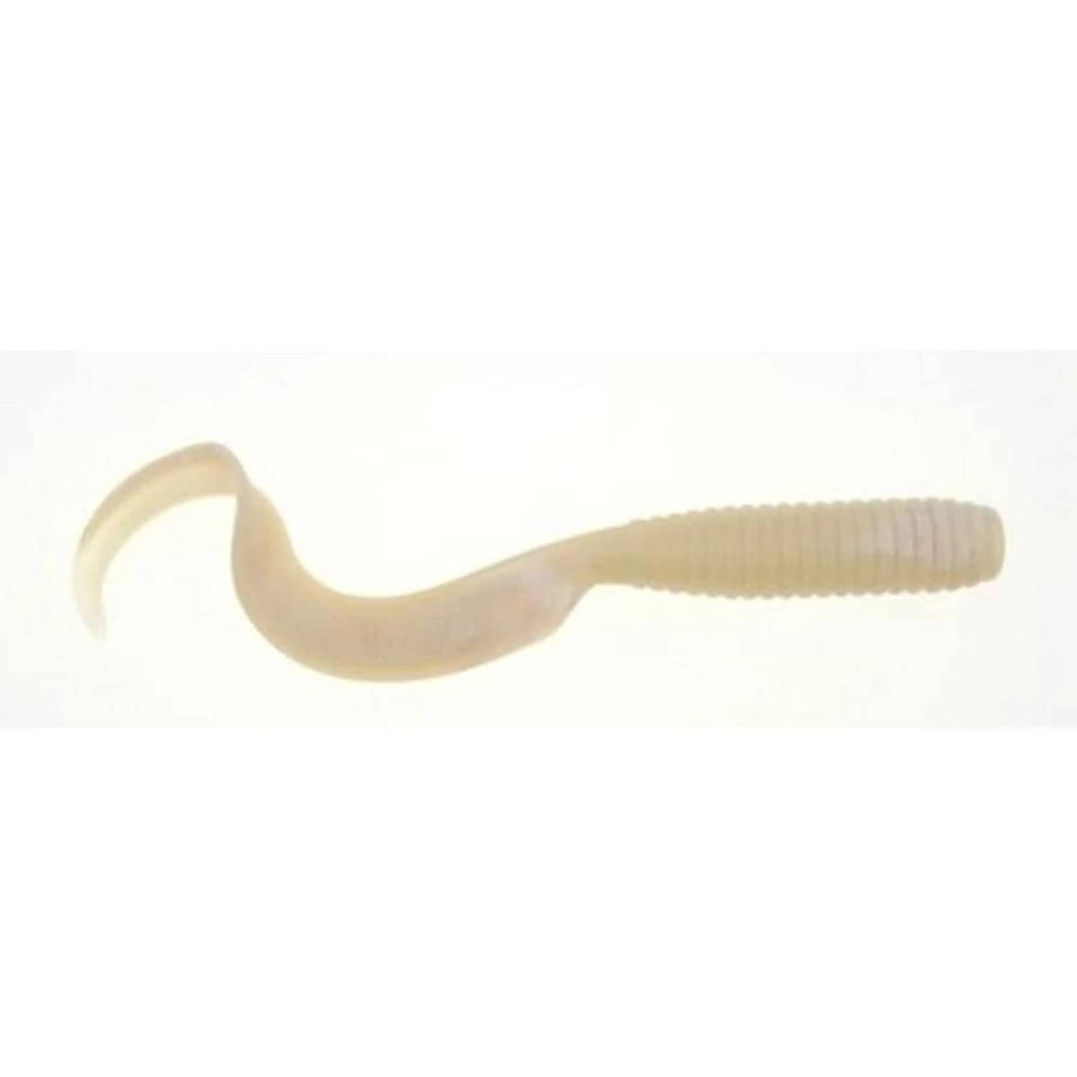 Light beige soft fishing bait with curled tail and ribbed body