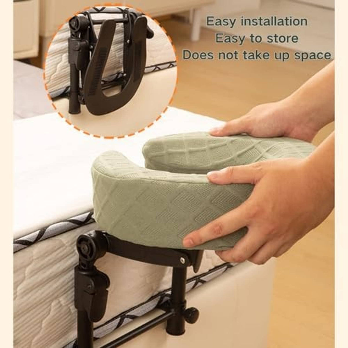 Green headrest pillow being installed on an adjustable bed stand