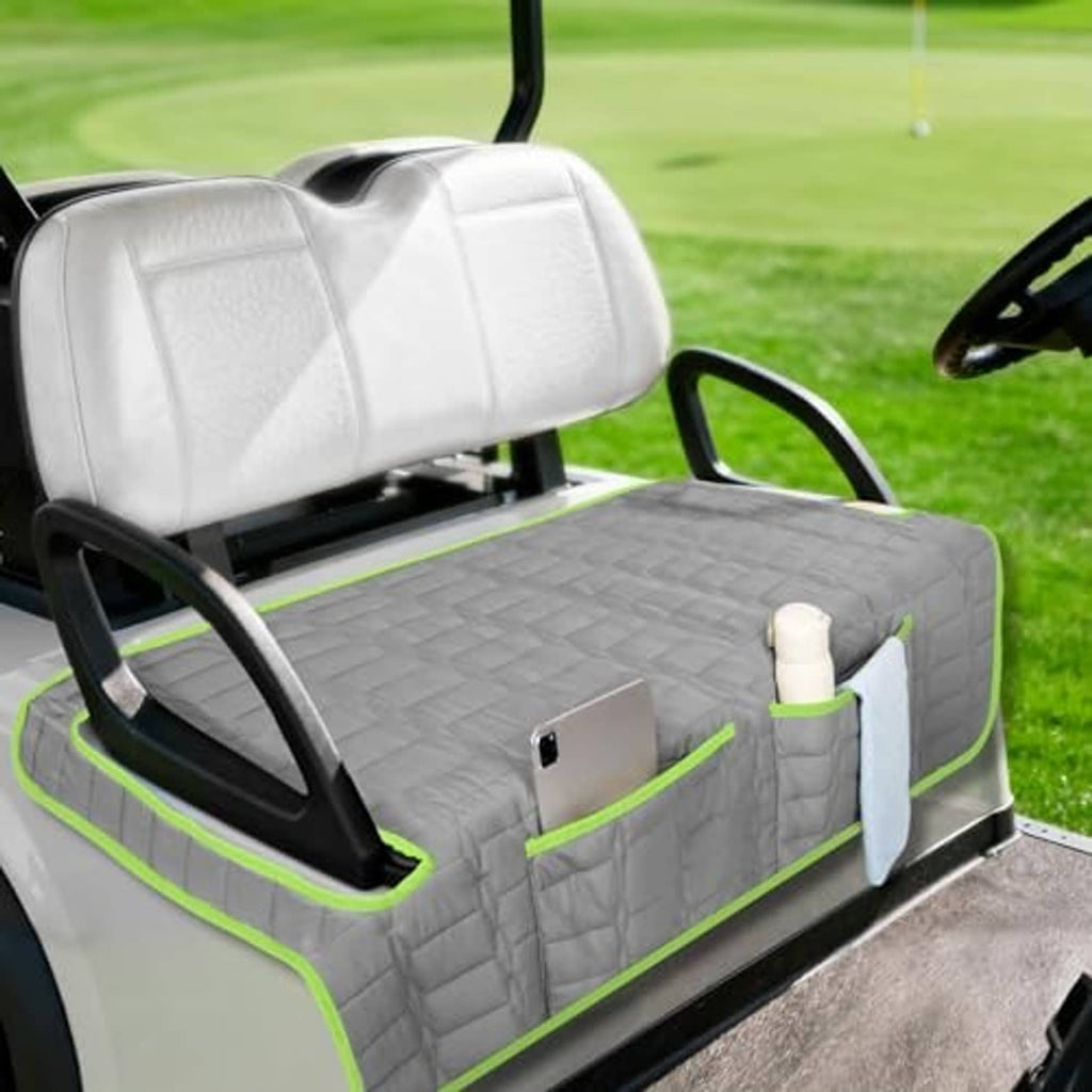 Gray quilted bench seat cover with green trim and front storage pocket