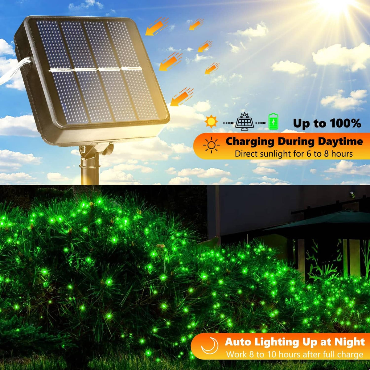 Solar fairy light string set with green LEDs and a small solar panel stake