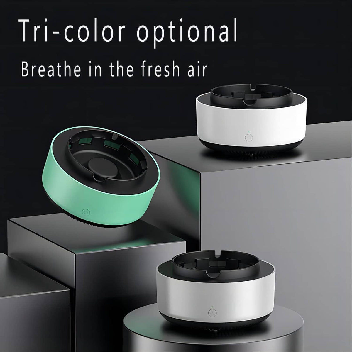Tri-color option air purifier with white body and matching lid accents in multiple finishes