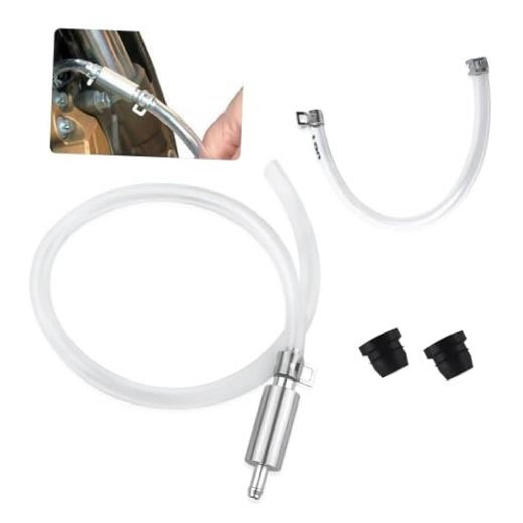 Brake bleeder hose kit with clear tubing, aluminum check valve, and rubber caps