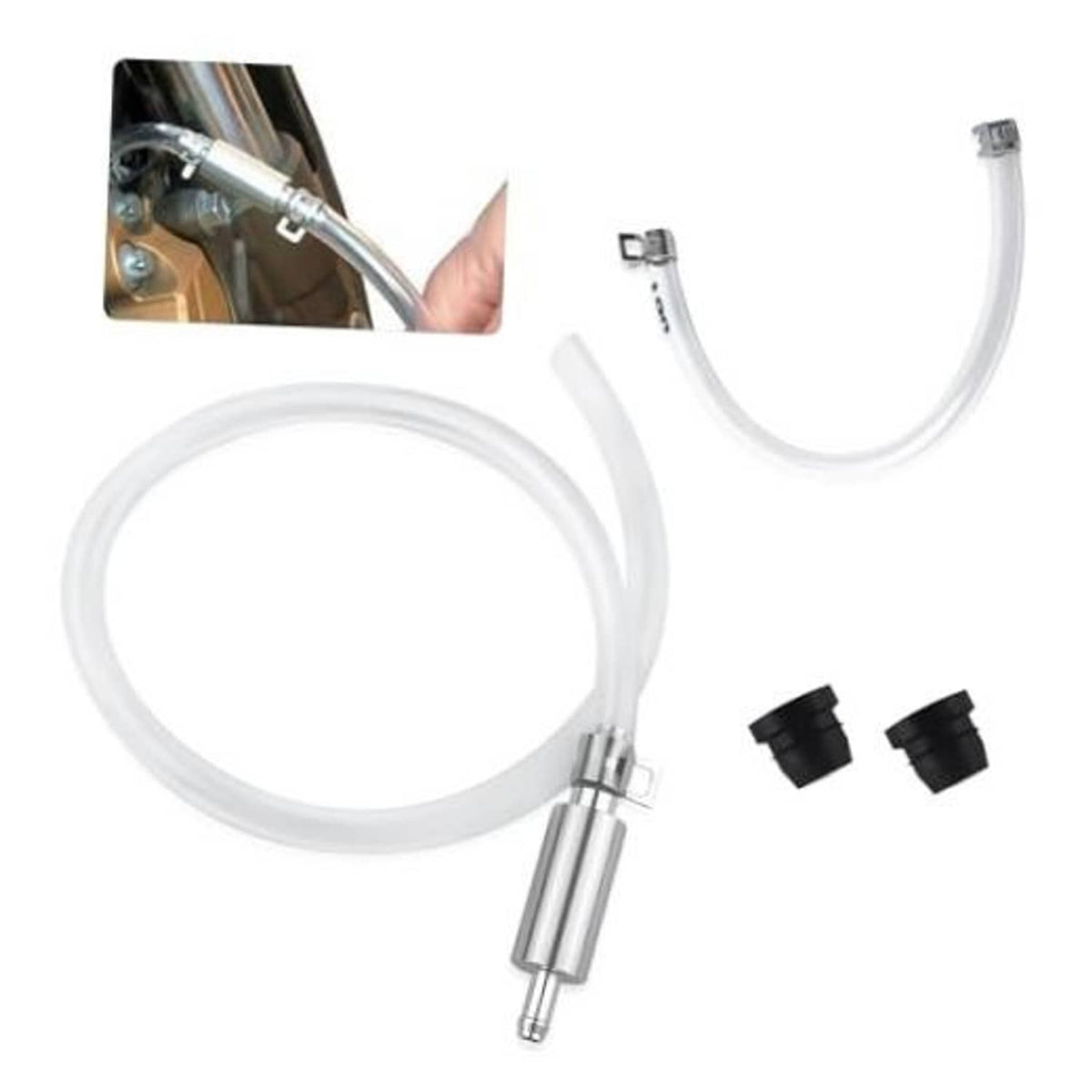 Brake bleeder hose kit with clear tubing, aluminum check valve, and rubber caps