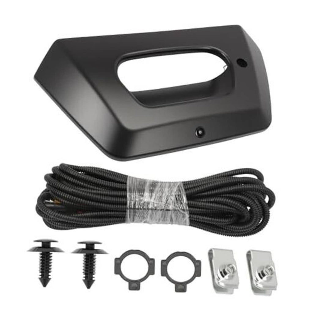 Matte black tailgate handle bezel trim with backup camera, wiring harness, screws, and clips