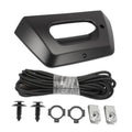 Matte black tailgate handle bezel trim with backup camera, wiring harness, screws, and clips
