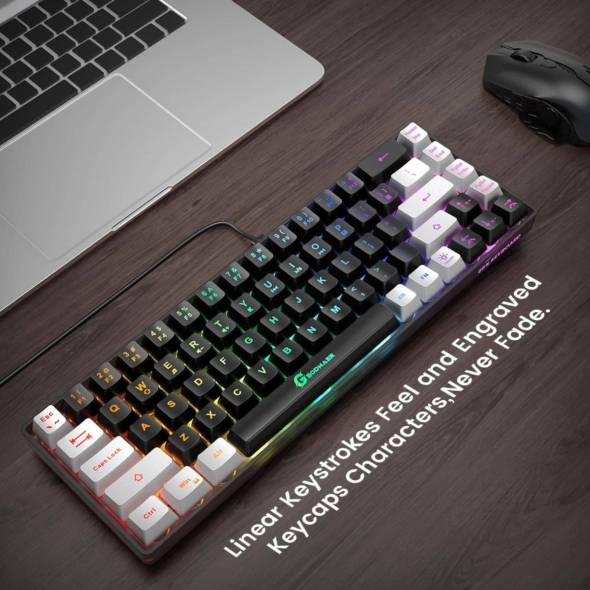 Wired gaming keyboard with rainbow RGB LEDs and multicolor keycaps on a desk.