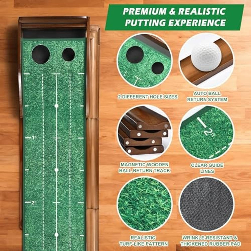 Indoor golf putting mat with green turf-like surface, two cup holes, and ball return track
