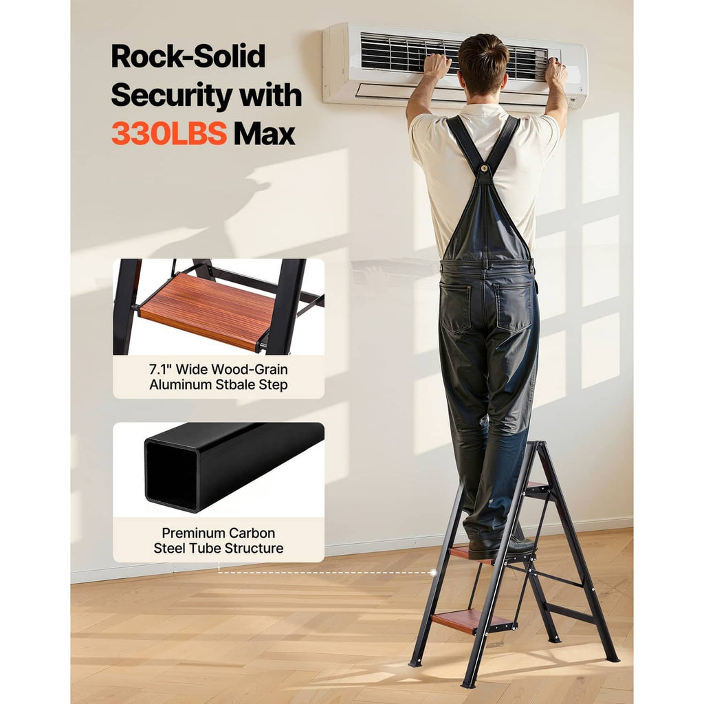 3-step aluminum ladder with black frame, wide wood-grain stable step platform