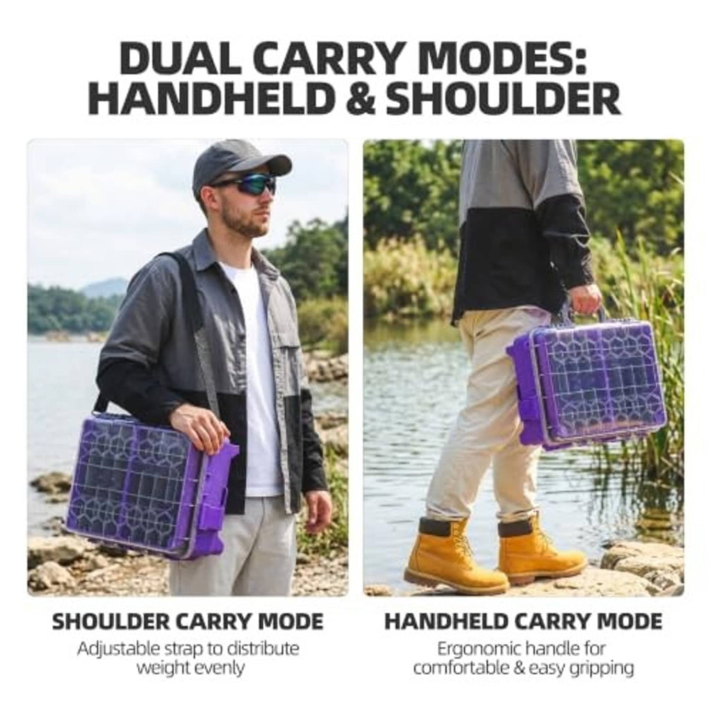 Purple floating tackle box with adjustable shoulder strap and ergonomic carry handle
