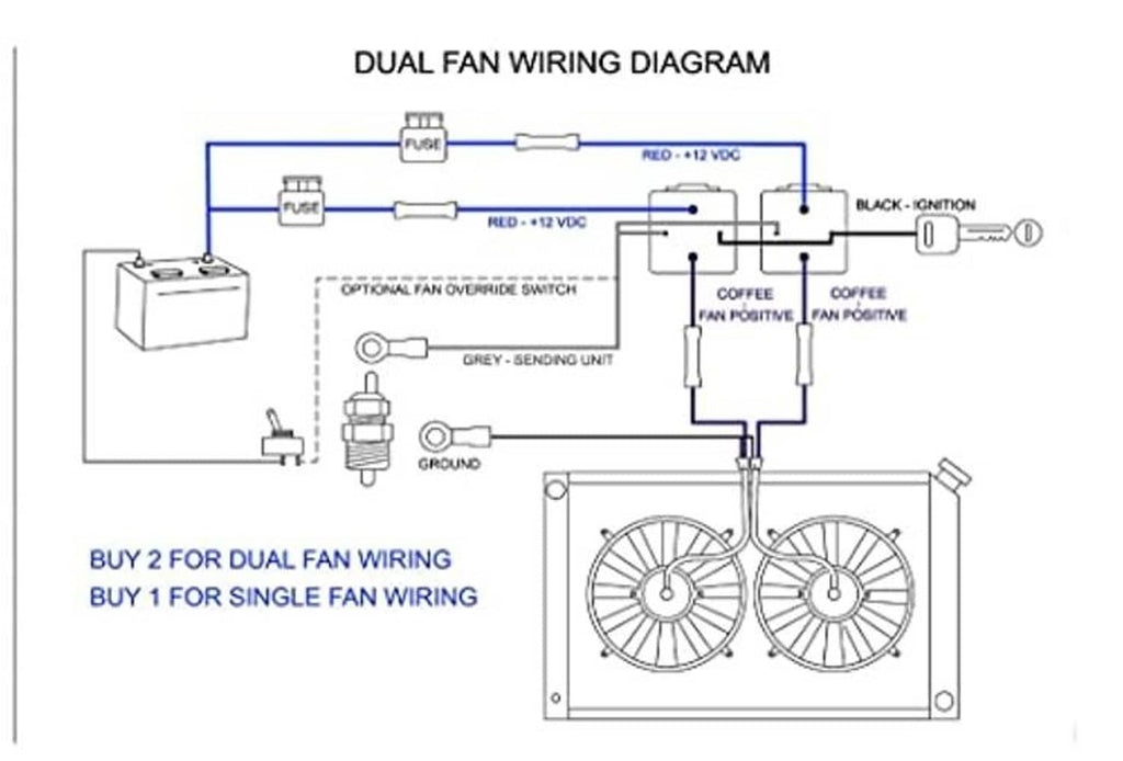 Dual fan wiring diagram for relay kit, showing power, ground, and override switch