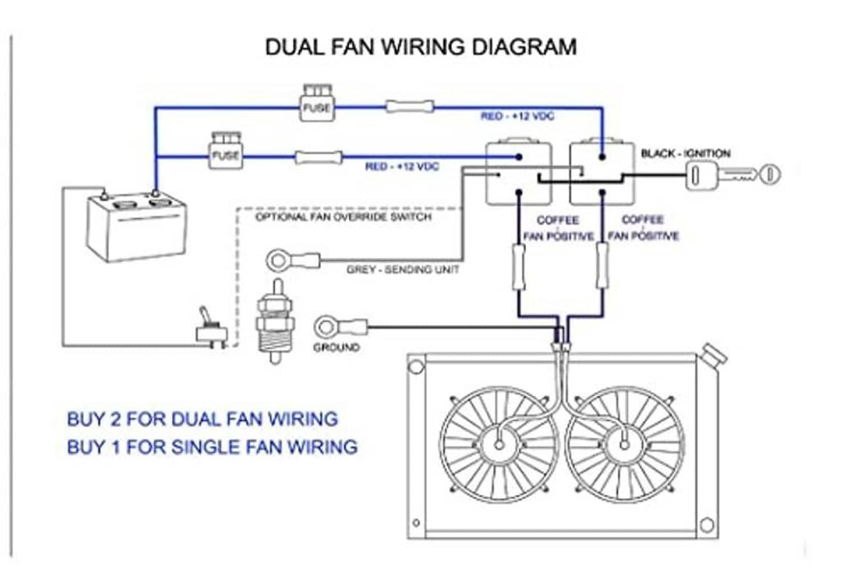 Dual fan wiring diagram for relay kit, showing power, ground, and override switch