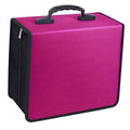 Magenta CD storage case with black trim and padded carry handle, closed
