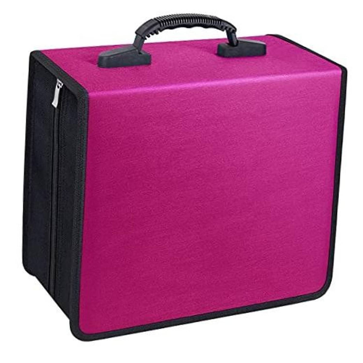 Magenta CD storage case with black trim and padded carry handle, closed