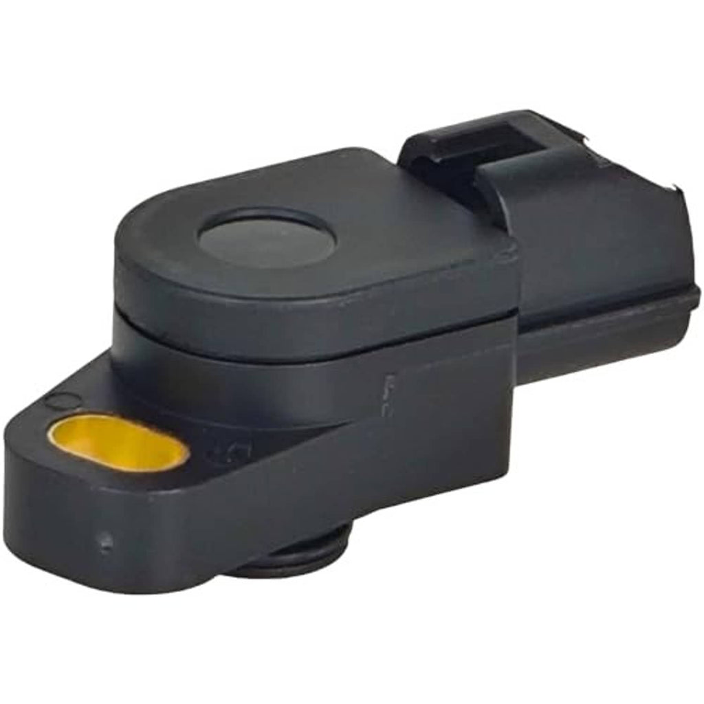 Black throttle position sensor with mounting ridge and round yellow-sealed window