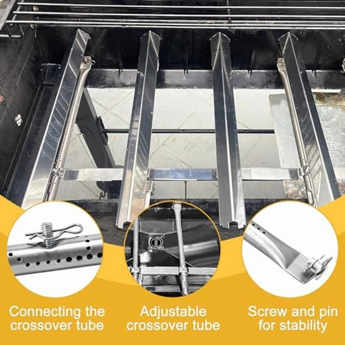 Grill burner assembly with crossover tubes and adjustable components for tube replacement