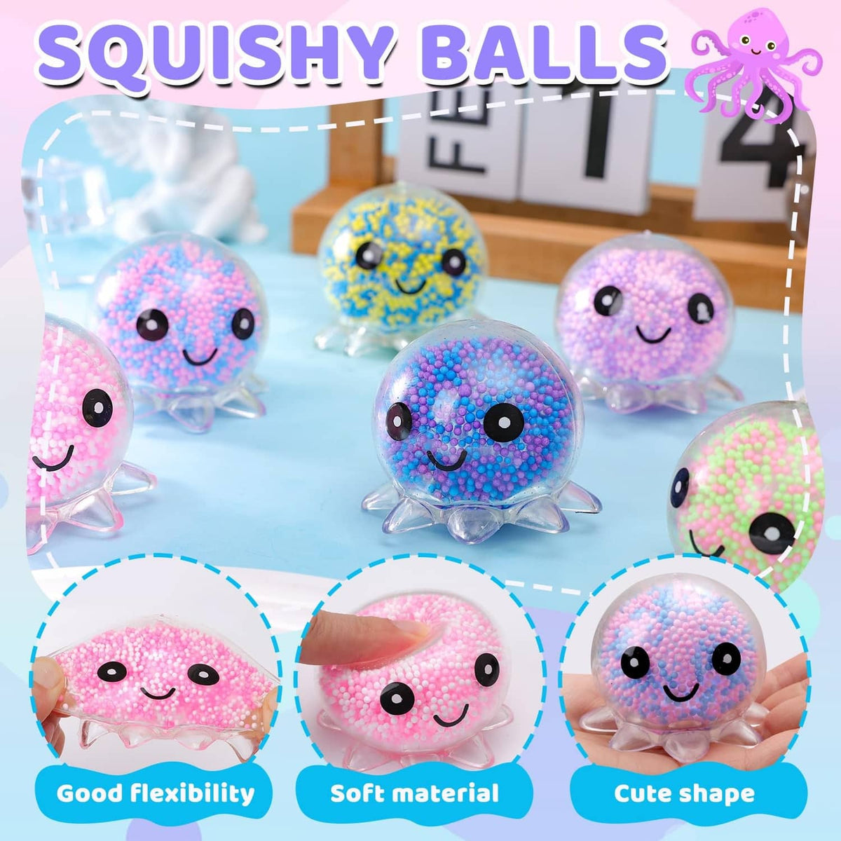Squishy octopus stress balls with friendly faces, held and shown in use