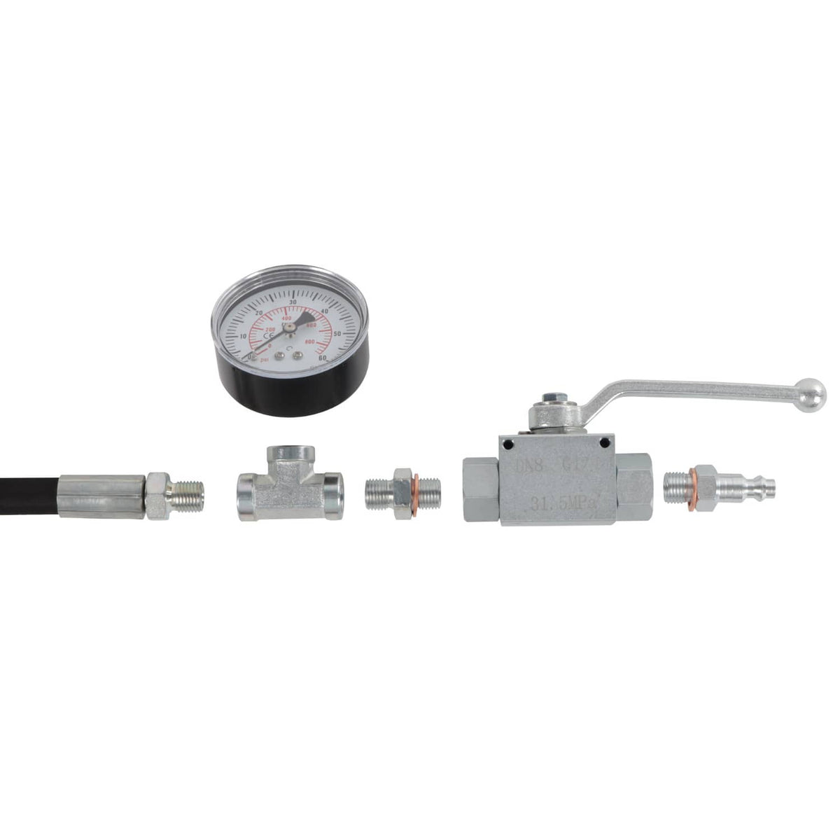 IPR air test tool kit with pressure gauge, valve body, and hose fittings