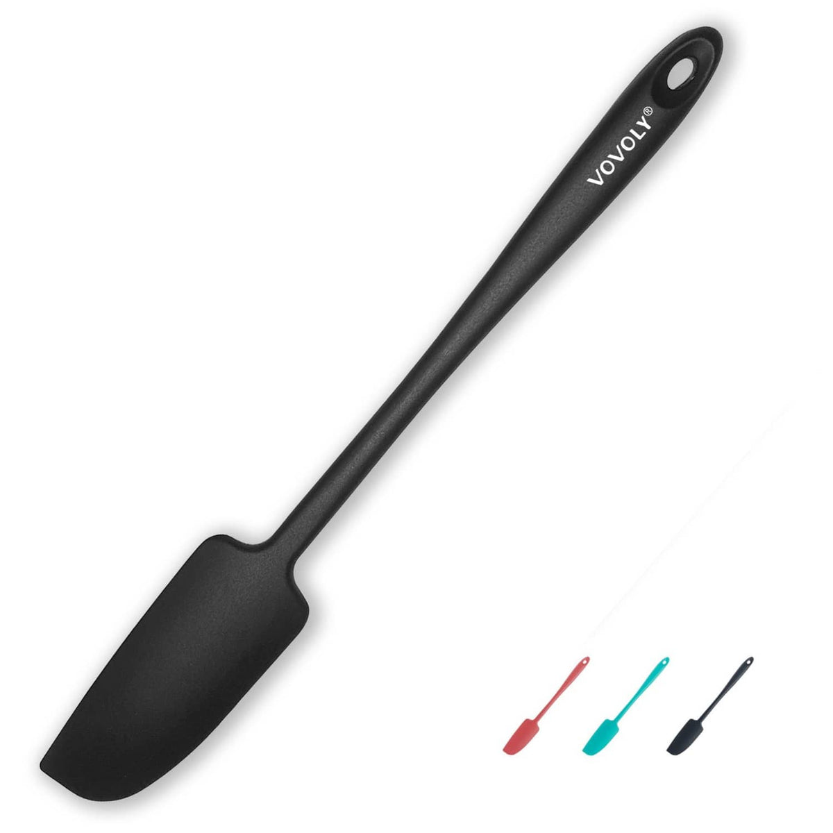 Small black silicone jar spatula with wide flat blade and hanging hole on handle