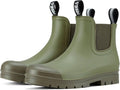 Olive green waterproof chelsea rain boots with elastic side panels and rugged tread sole