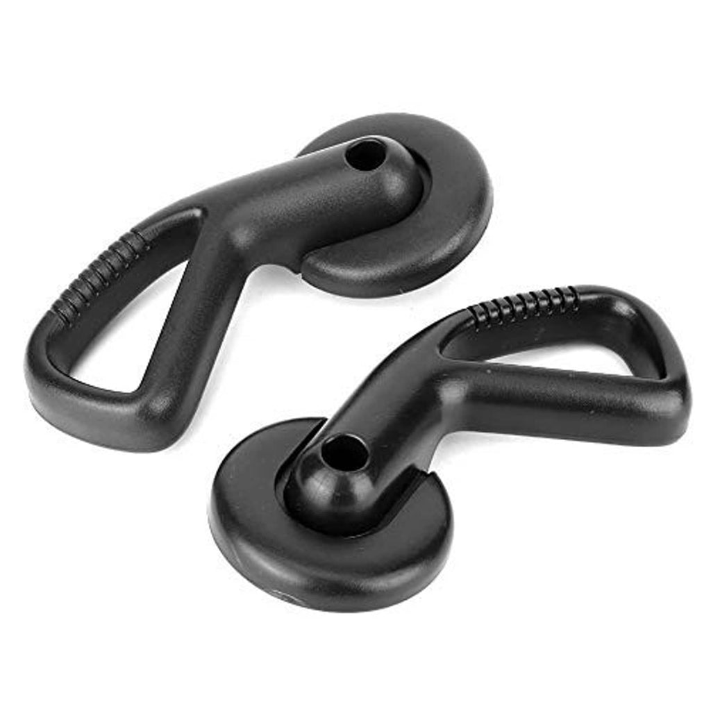 Two black seat adjuster handle levers with circular mounting holes and grips