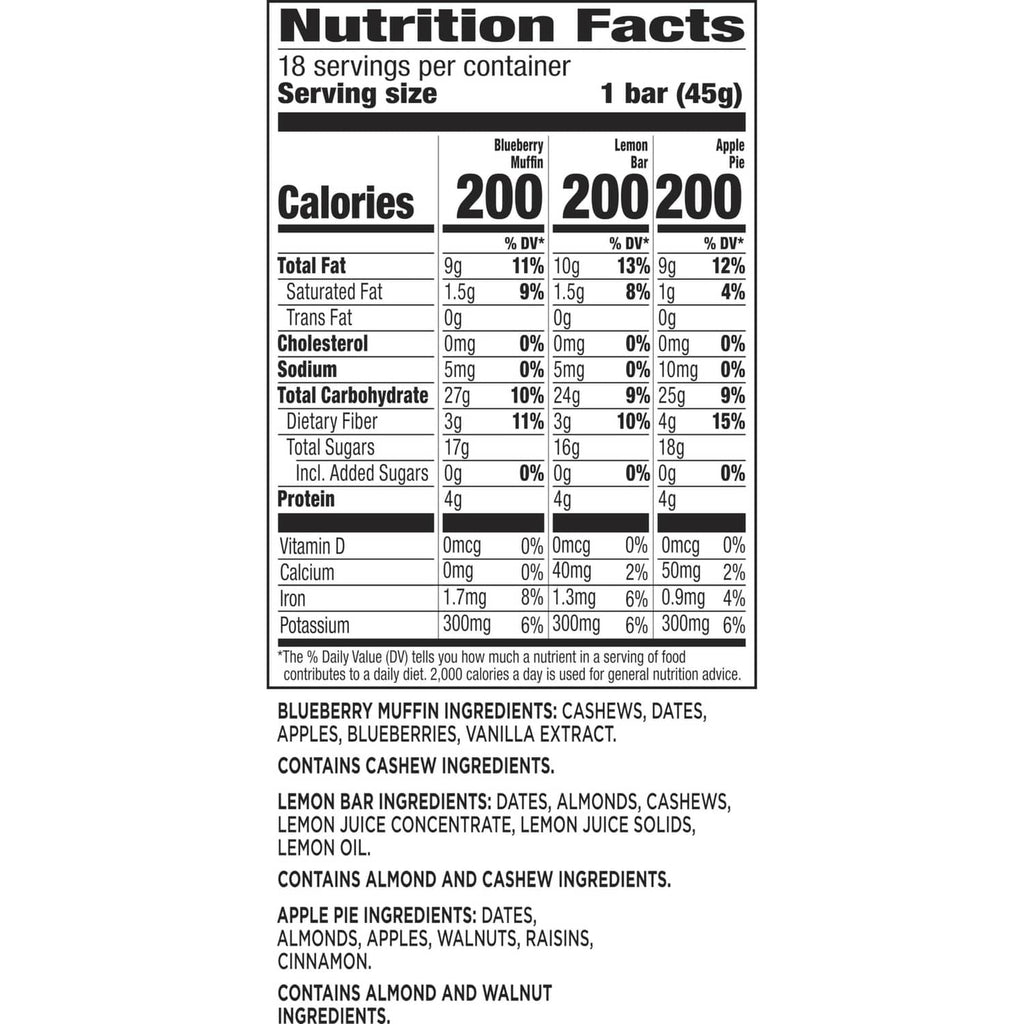Nutrition Facts label for one bar (45 g), calories, vitamins, and ingredients