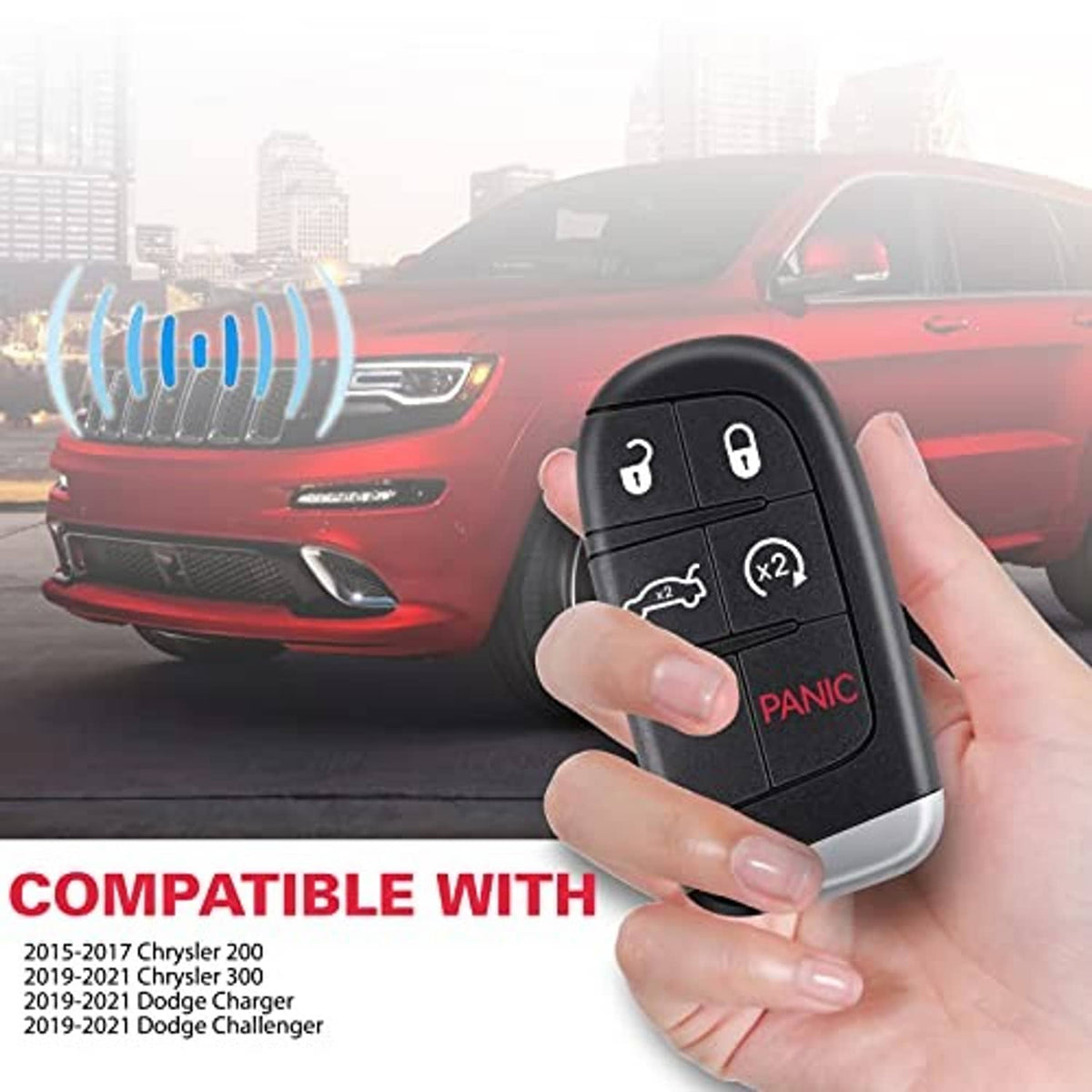 Black key fob in hand with lock, unlock, trunk, and panic buttons plus metal key blade