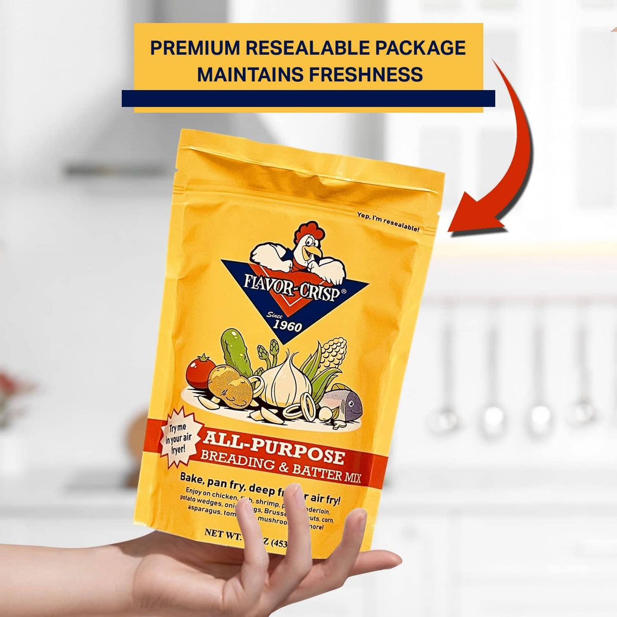 Resealable all-purpose breading & batter mix pouch in hand, Flavor-Crisp