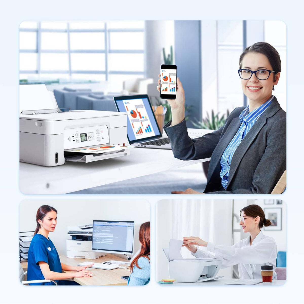 Office laser printer with screen showing black printing workflow