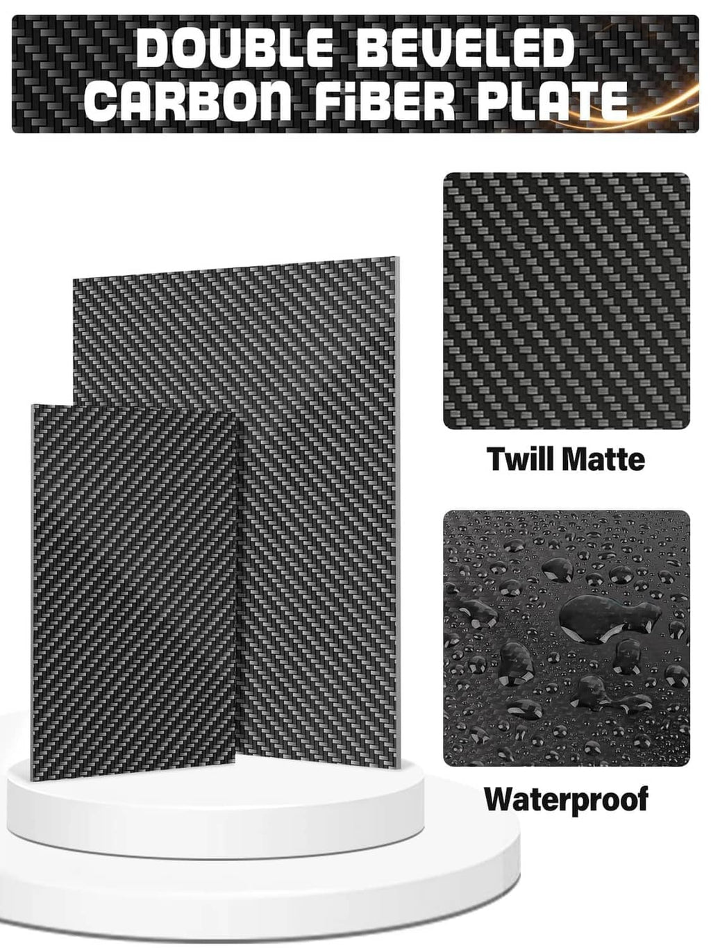 Double-beveled carbon fiber plate with dark twill weave texture