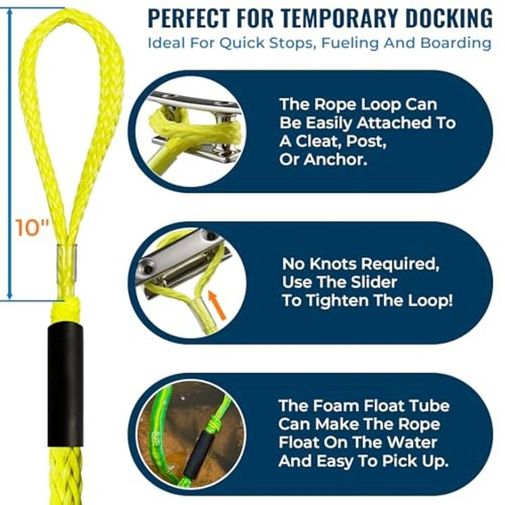 Bungee docking line with loop and stainless cleat attachment, plus foam float tube example